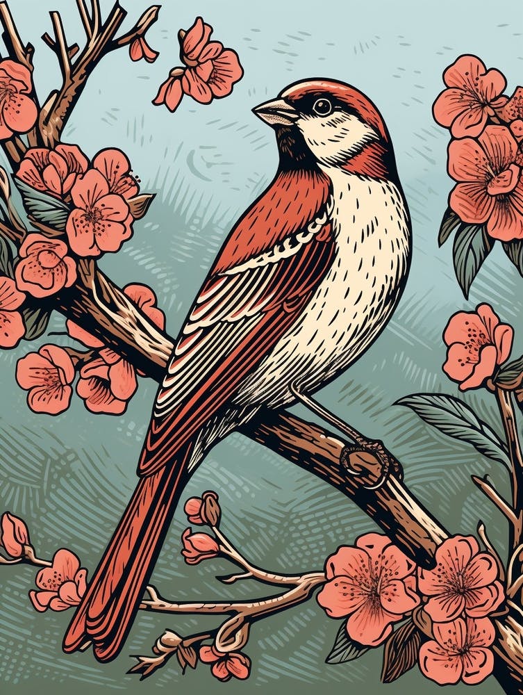 Vintage Bird Linocut Sparrow 4