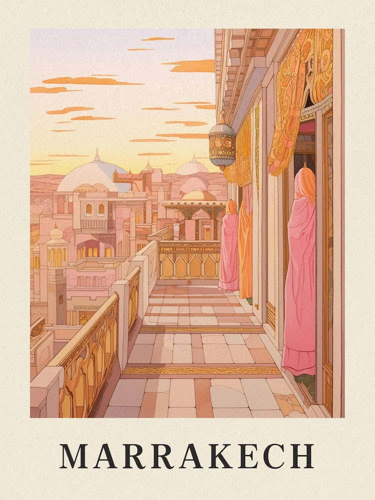 Marrakech Morocco 5 Vintage Pink Travel Illustration Poster