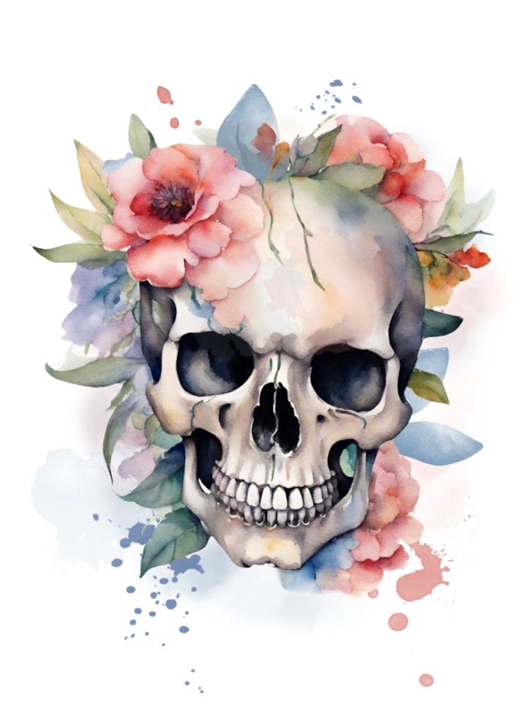 Skull With Flowers Watercolour