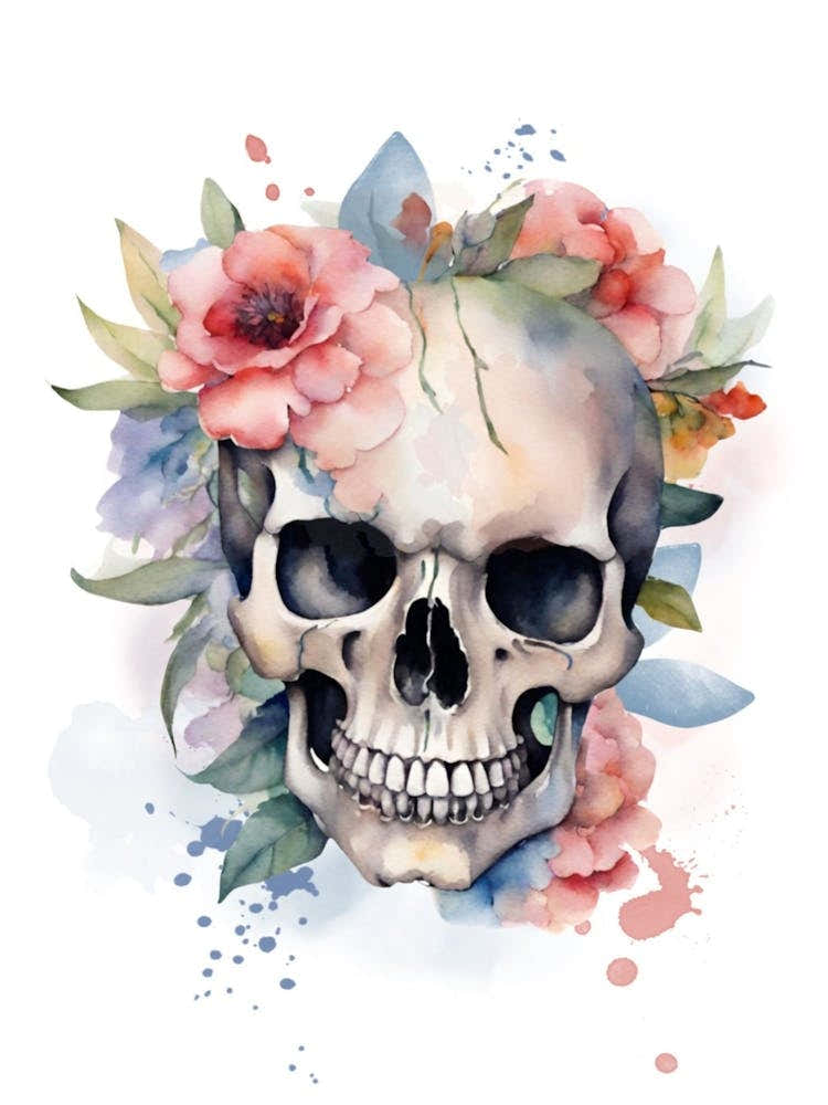 Skull With Flowers Watercolour