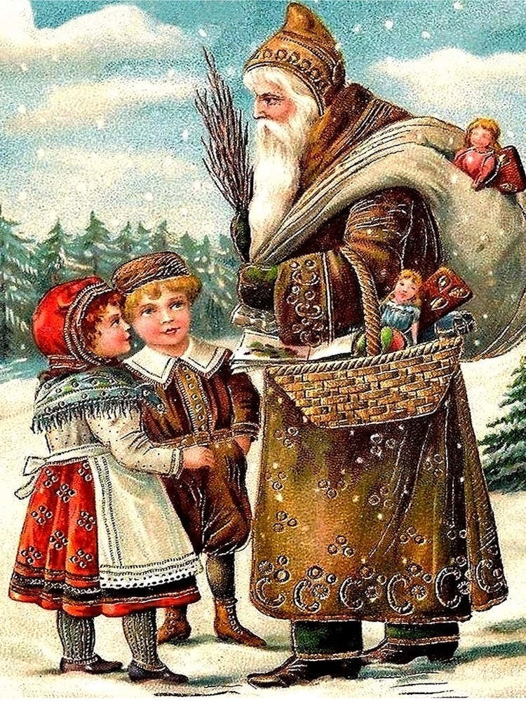 Santa Claus On Snow Meet Two Kids