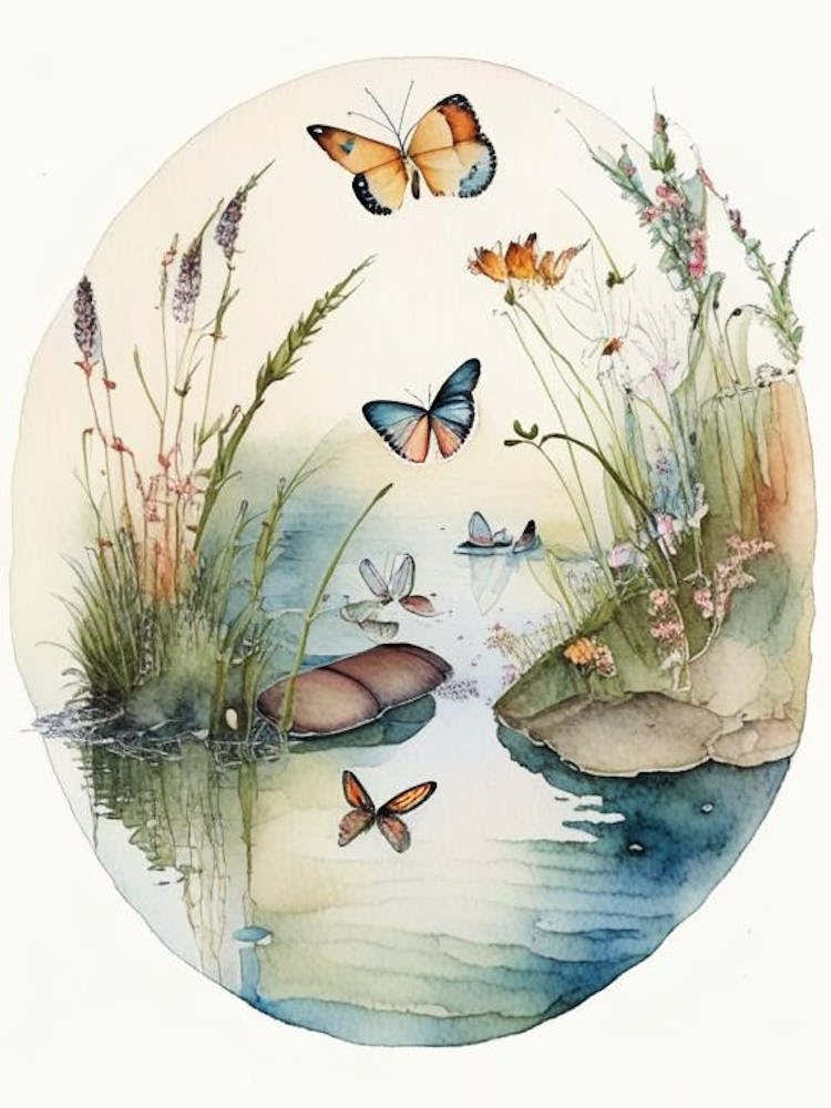 Butterflies On Lake Watercolour Ink 1