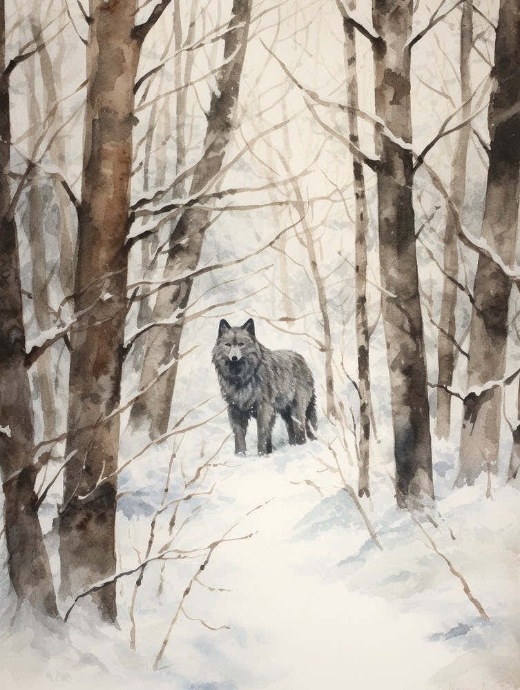 Winter Watercolour Gray Wolf 1