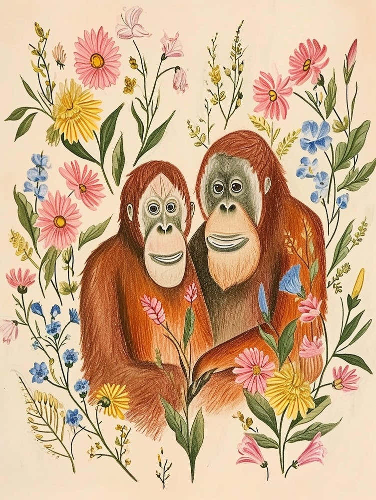 Folksy Floral Animal Drawing Orangutan 4