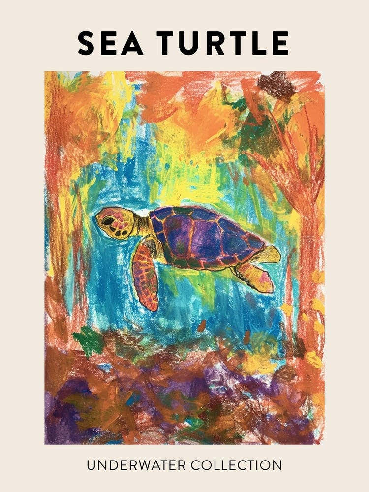 Sea Turtle Underwater Pencil Scribble Poster 1