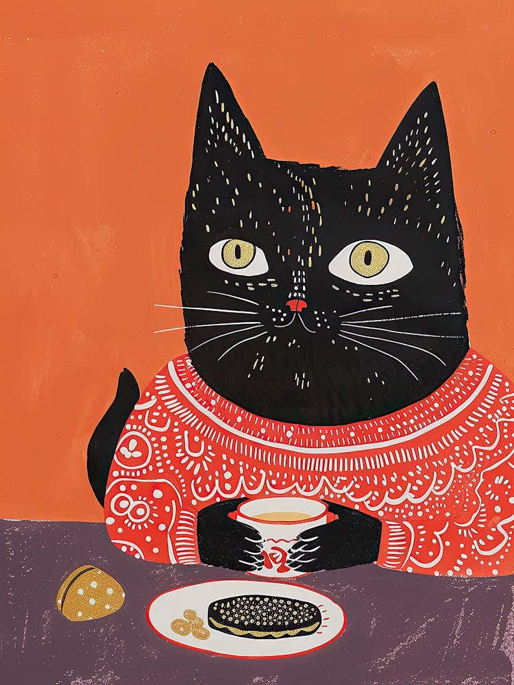 Black And Orange Cat Having Breakfast Folk Illustration 4