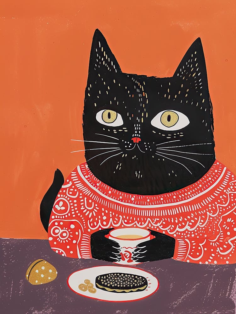 Black And Orange Cat Having Breakfast Folk Illustration 4