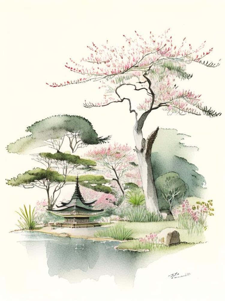 Nara Park, Japan Vintage Pencil Drawing