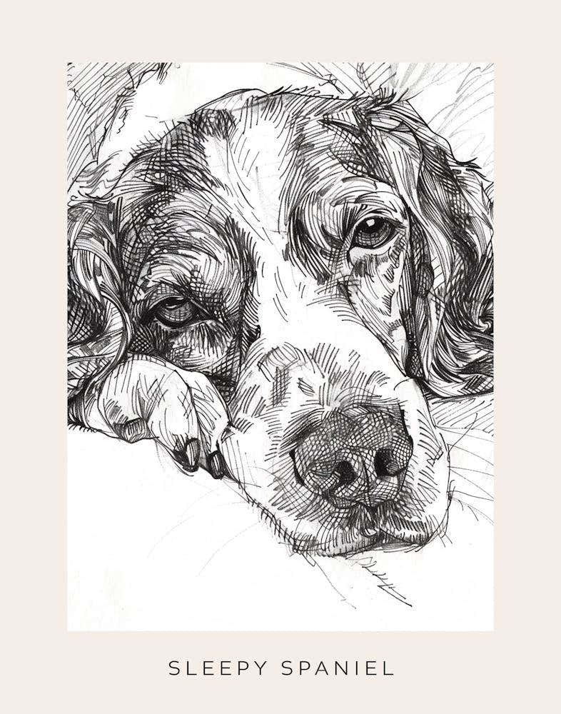 Detailed Sleepy Spaniel Dog Black & White Poster