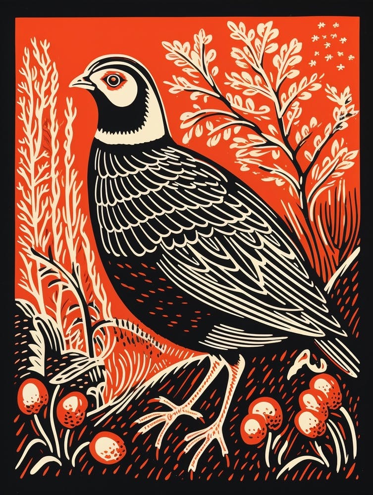 Vintage Bird Linocut Partridge 1