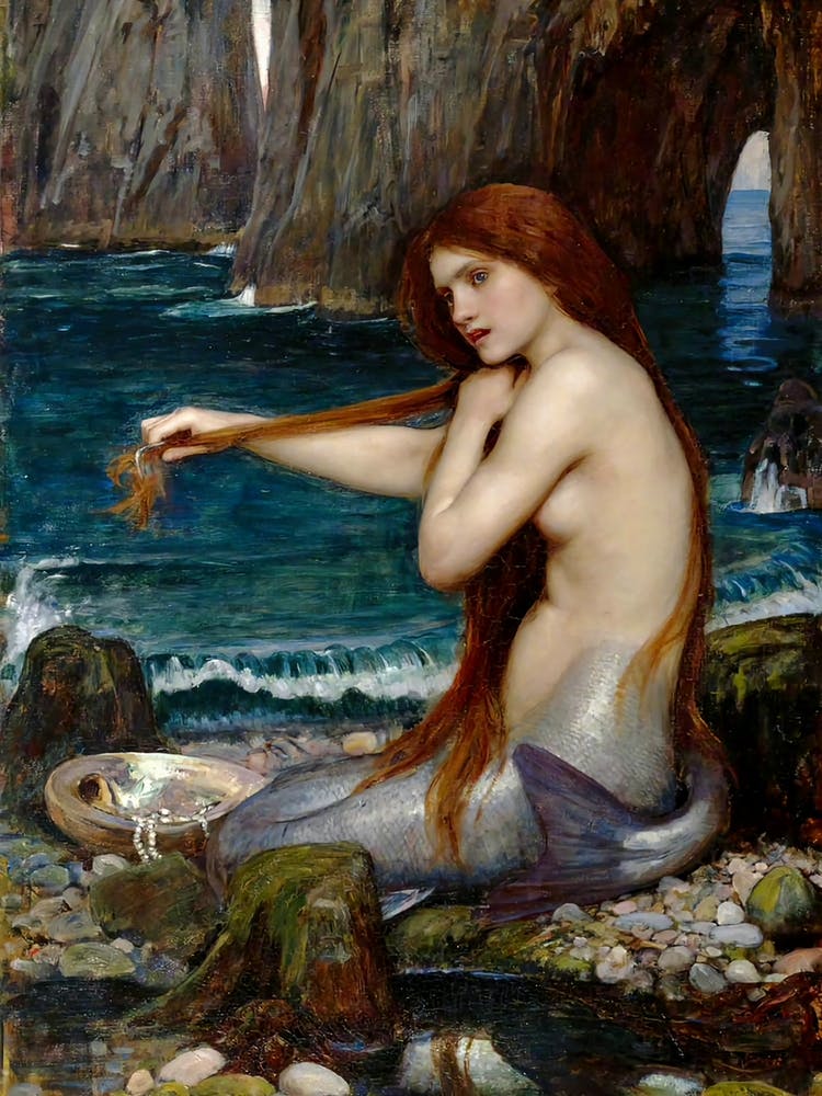A Mermaid by John William Waterhouse - Remastered Oil Painting Waterhouse's Famous Siren Red Haired Beautiful Mermaid Lady Sat by the Sea Pagan Mythological Witchy Dreamy
