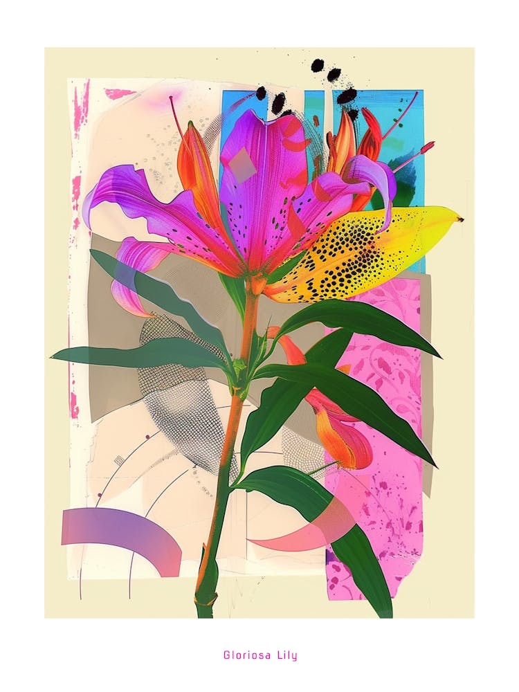 Gloriosa Lily 2 Neon Flower Collage Poster