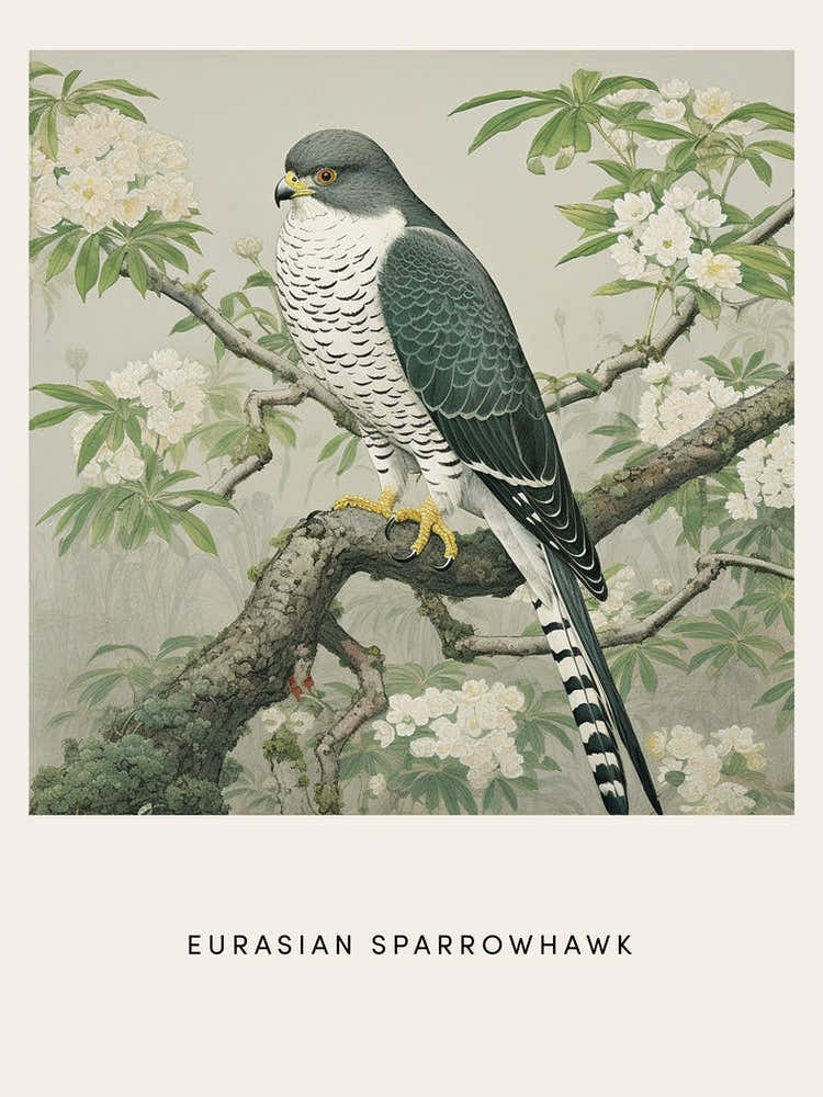 Ohara Koson Inspired Bird Painting Eurasian Sparrowhawk 1 Poster