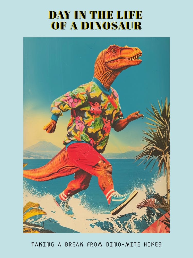 Retro Dinosaur Hiking Collage 4 Poster