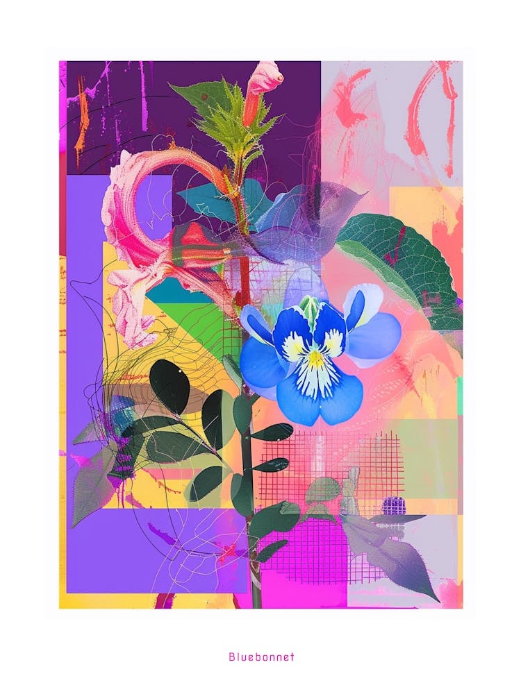 Bluebonnet 7 Neon Flower Collage Poster