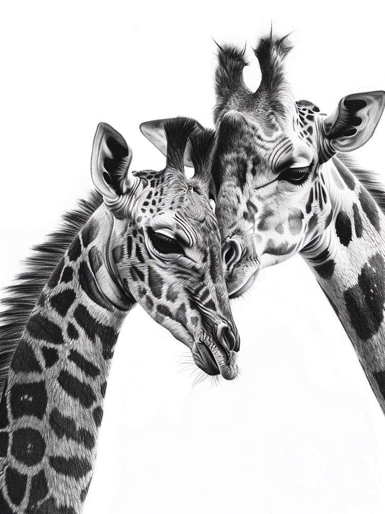 Pencil Portrait Of Giraffe Mother & Calf 1
