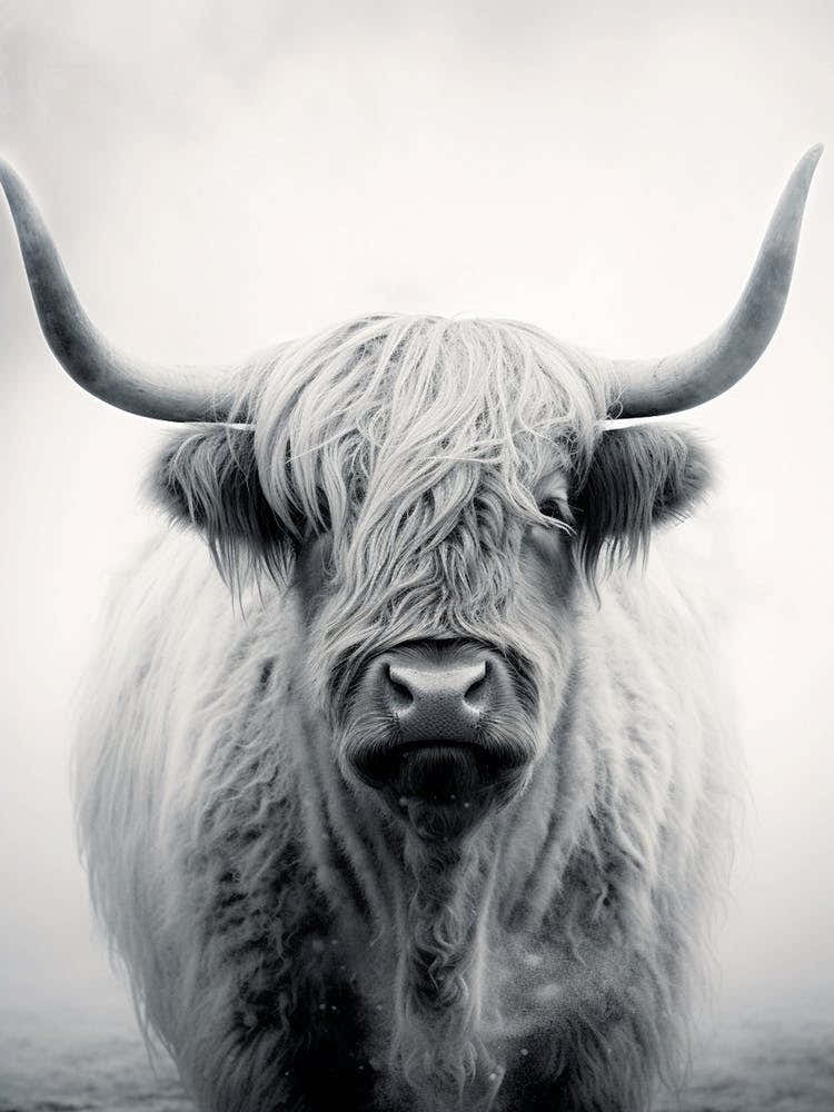 Black & White Stippling Illustration Of Highland Cow 1