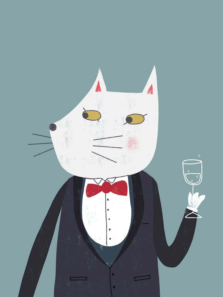 Cat in Tuxedo with Glass of Bubbly. Cheers!