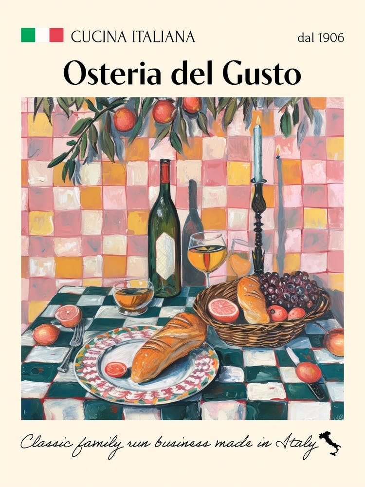 Osteria Del Gusto Trattoria Italian Poster Food Kitchen