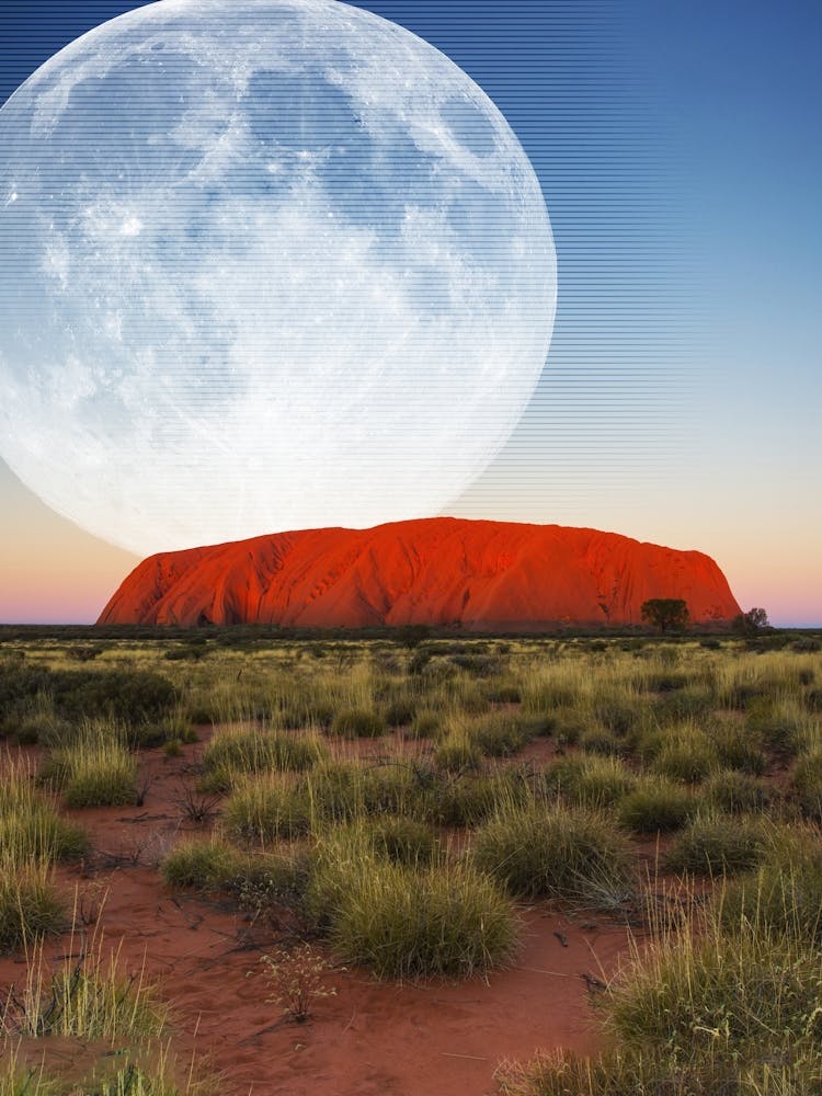 Synthwave Moon & mountain. Australia — synthwave collage, space poster