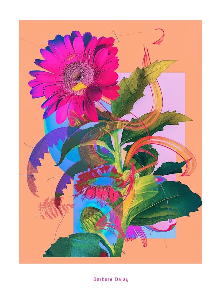 Gerbera Daisy 2 Neon Flower Collage Poster