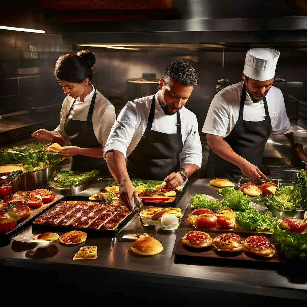 Overhead View Of A Burger Kitchen In Action Chefs Proudly Plating Gourmet Burgers Stunning Stainle 555813656 (1)