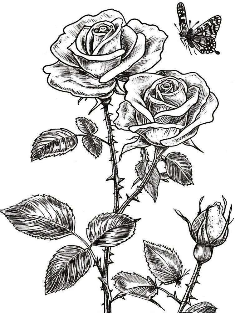 Butterfly Rose Line Drawing 3