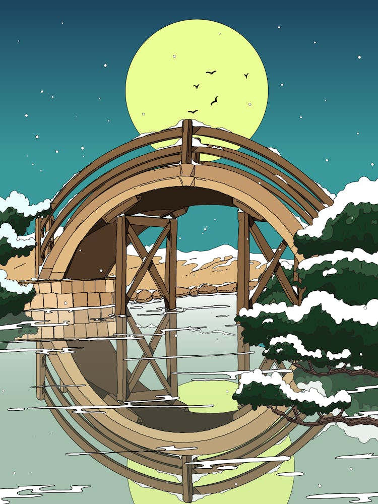 Bridge Over A Pond In Winter