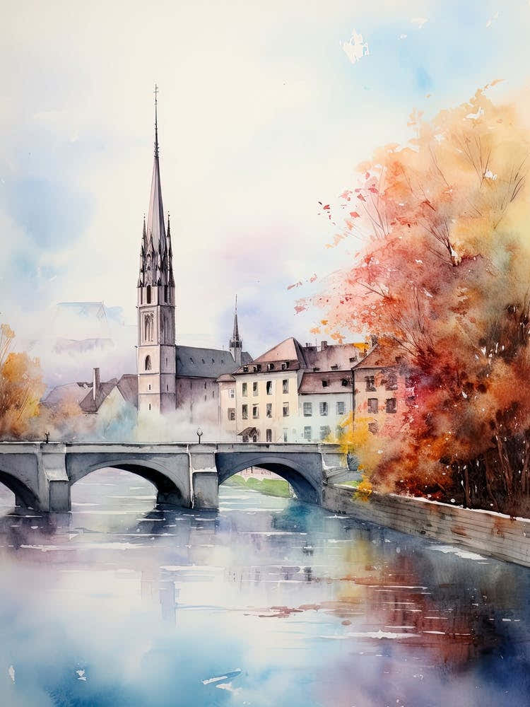 Bern Switzerland In Autumn Fall, Watercolour 2
