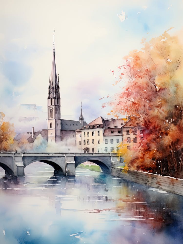Bern Switzerland In Autumn Fall, Watercolour 2