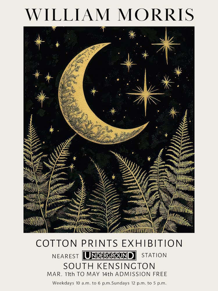 William Morris Moon Stars And Ferns Plants Vintage Exhibition