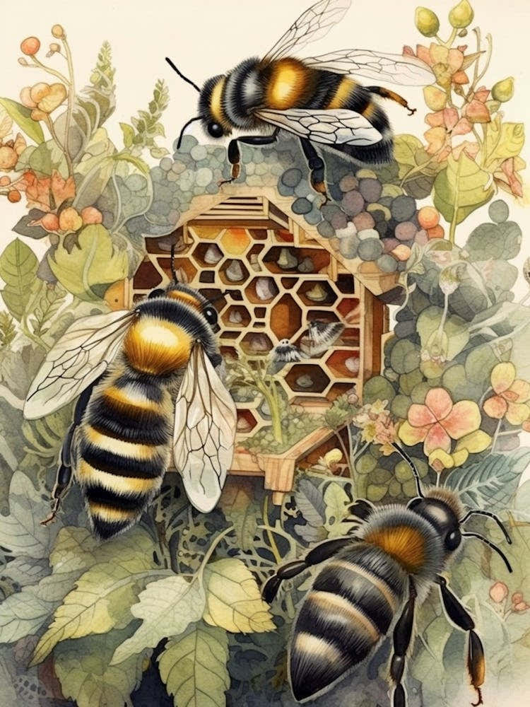 Gypsy Cuckoo Bee Beehive Watercolour Illustration 3