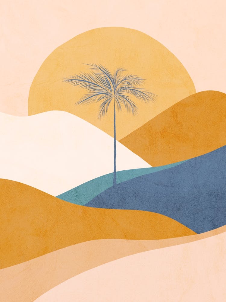 Mid Mod Boho Serene Tropical Palm Summer Sunset Peach Fuzz, Blue, Ochre