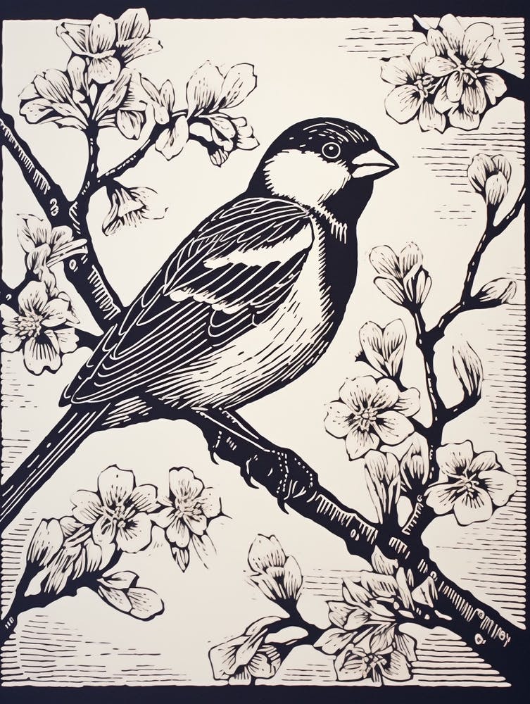B&W Bird Linocut House Sparrow 1
