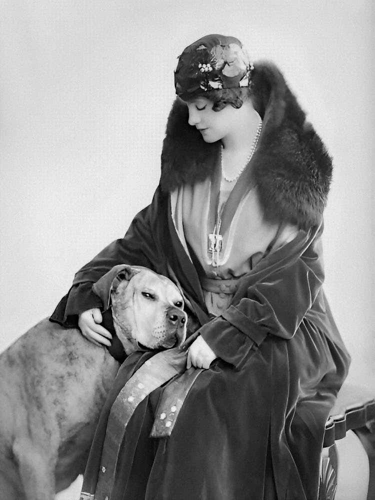 Lady With A Dog, Vintage Black and White Old Photo