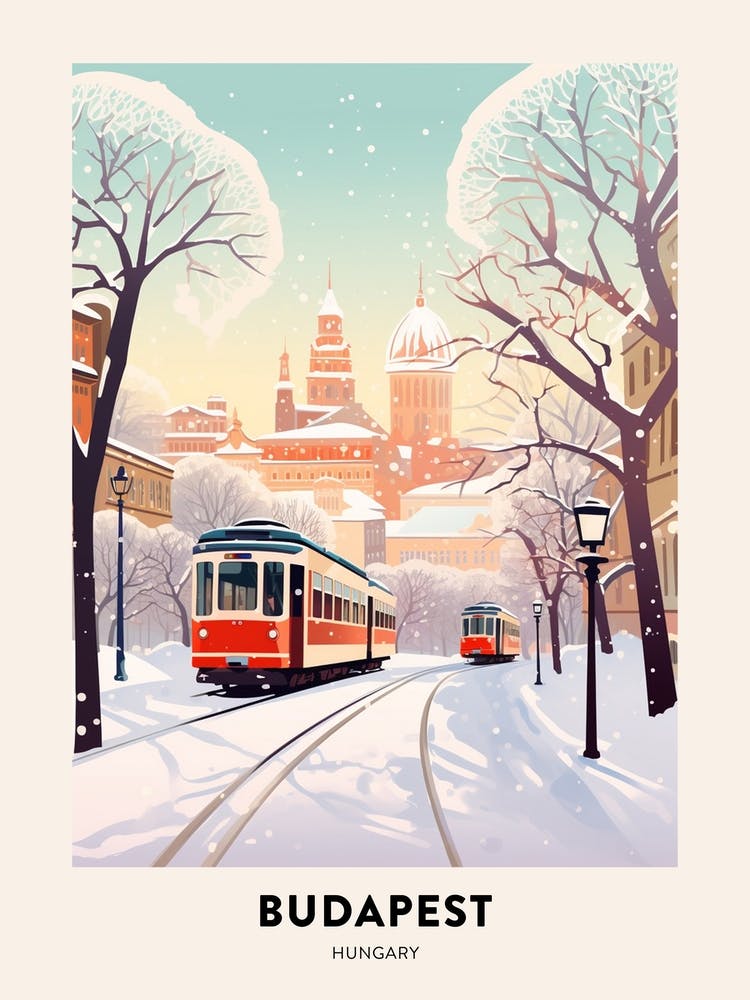 Vintage Winter Travel Poster Budapest Hungary 1