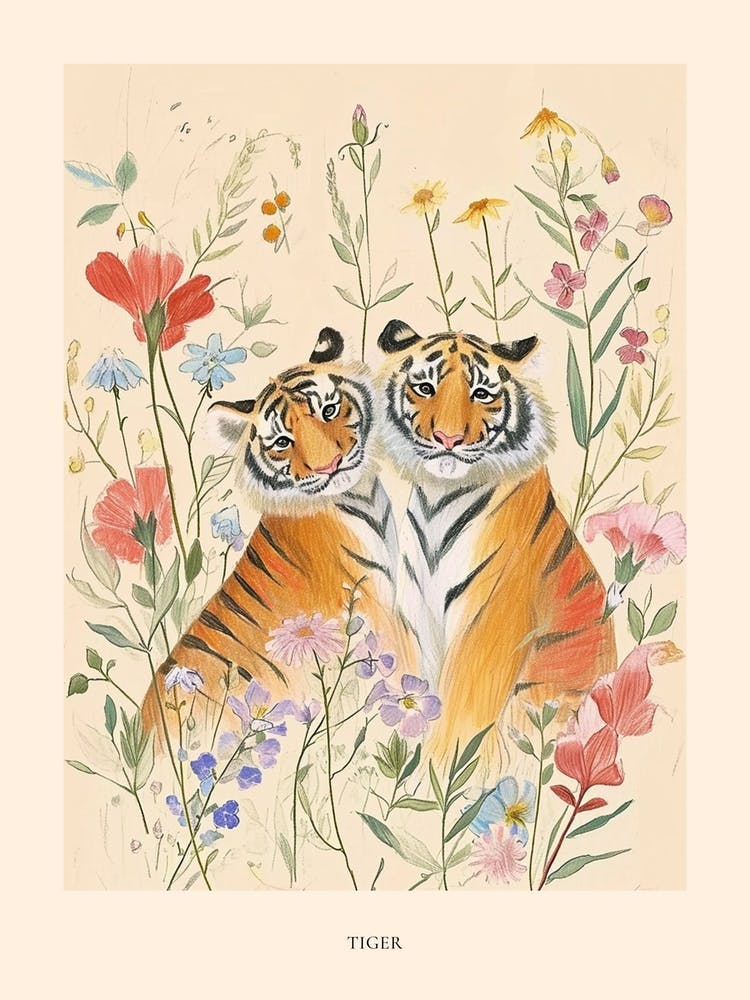 Folksy Floral Animal Drawing Tiger 2 Poster