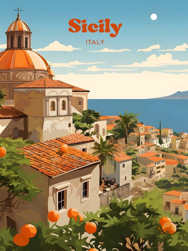 Sicily Italy Vintage Travel Art Illustration