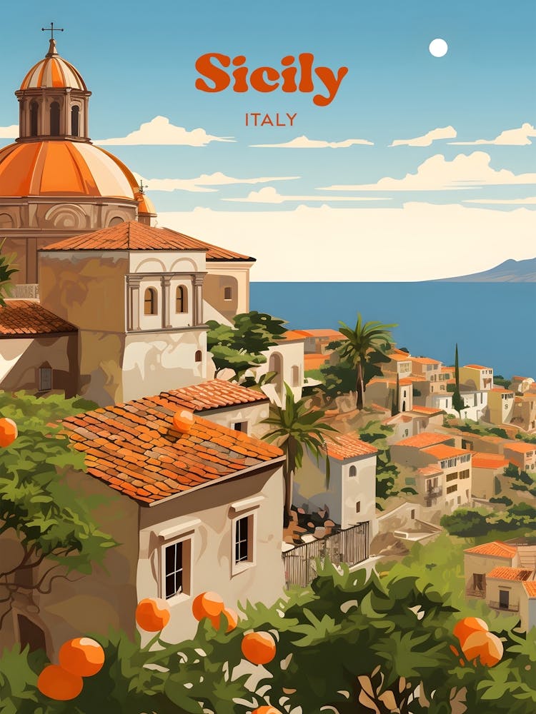 Sicily Italy Vintage Travel Art Illustration