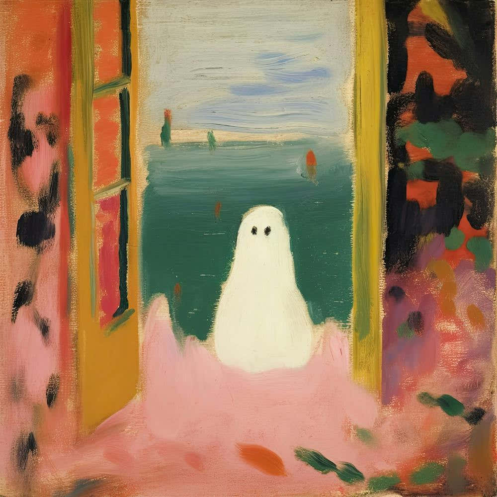 Open Window With A Ghost, Matisse Style, Spooky Halloween Square 1