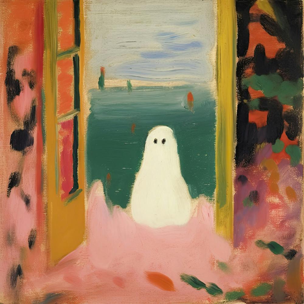 Open Window With A Ghost, Matisse Style, Spooky Halloween Square 1