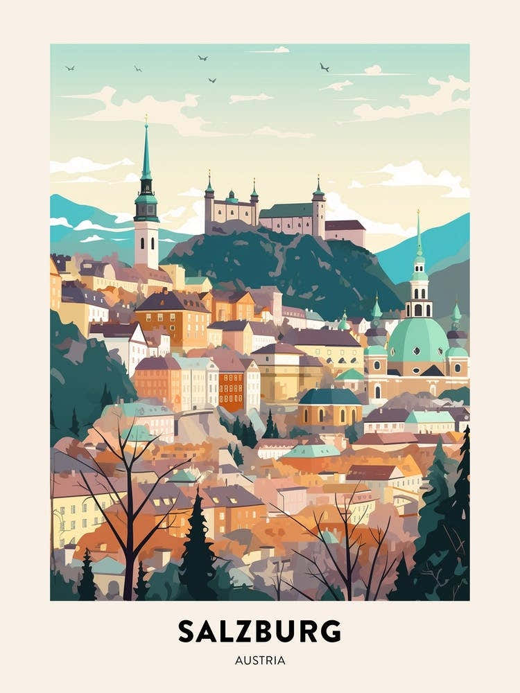 Vintage Winter Travel Poster Salzburg Austria 1