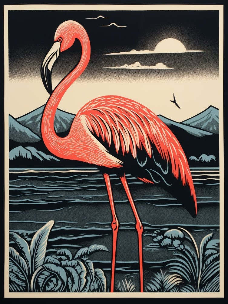 Vintage Bird Linocut Greater Flamingo 1