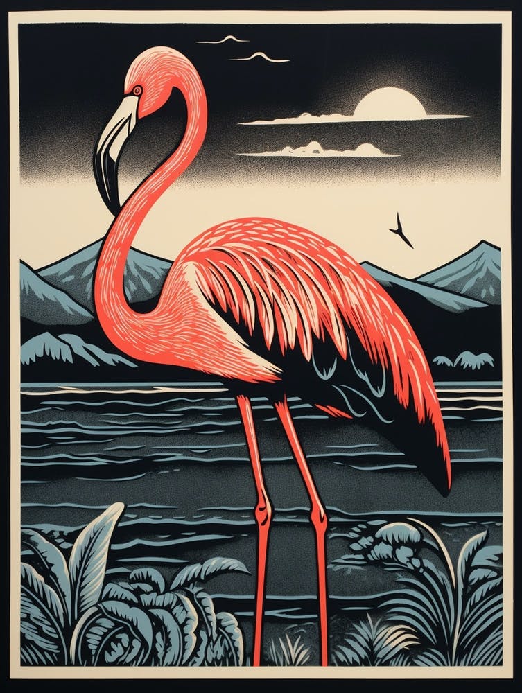 Vintage Bird Linocut Greater Flamingo 1