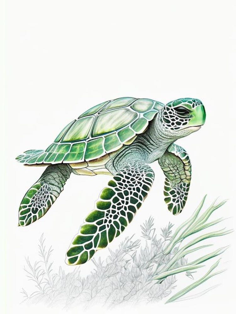 Green Sea Turtle (Chelonia Mydas), Sea Turtle Quentin Blake Illustration 1