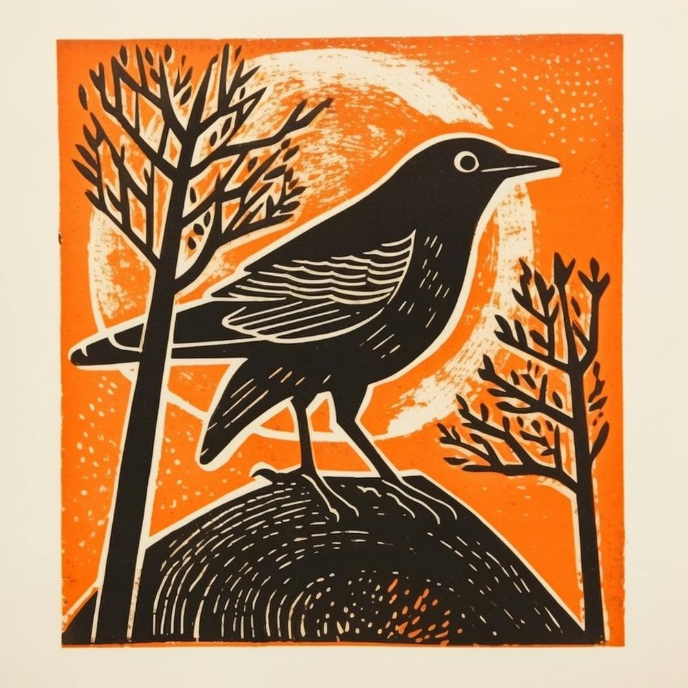Retro Bird Lithograph Blackbird 3