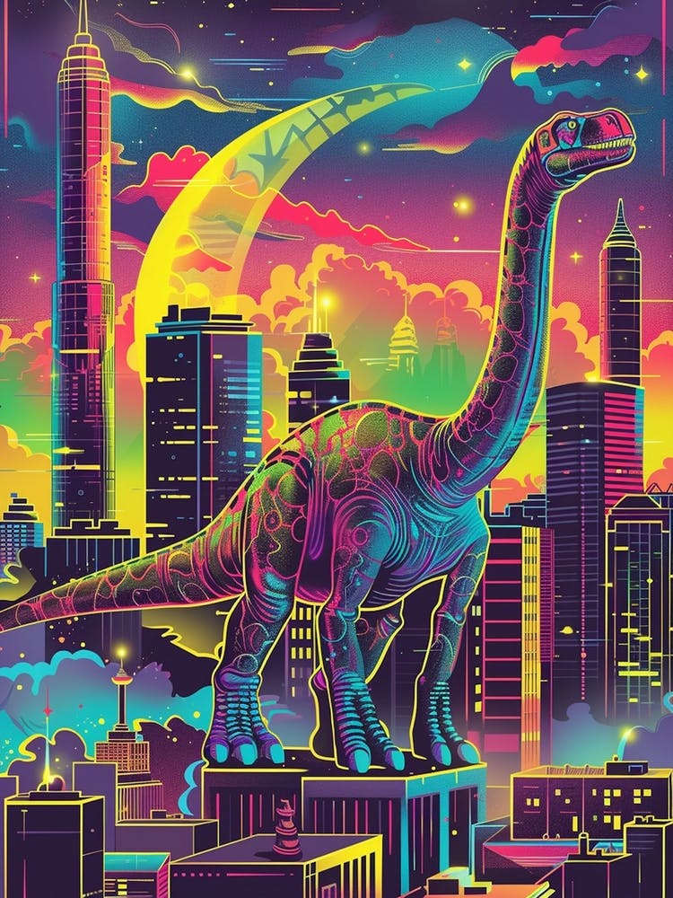 Neon Brachiosaurus In A Cityscape 1