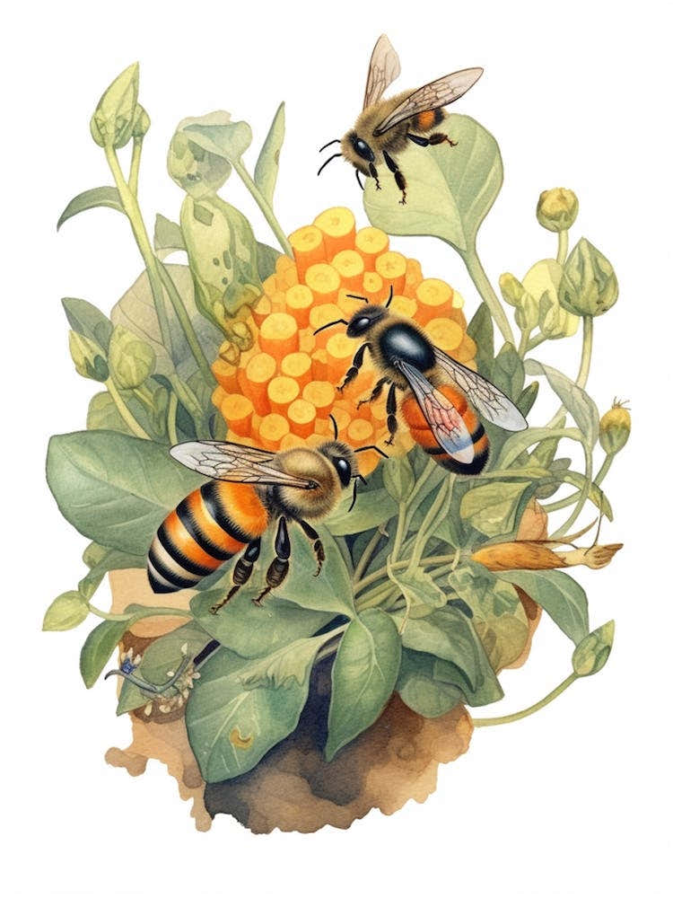 Orange Collared Leafcutter Bee Beehive Watercolour Illustration 1
