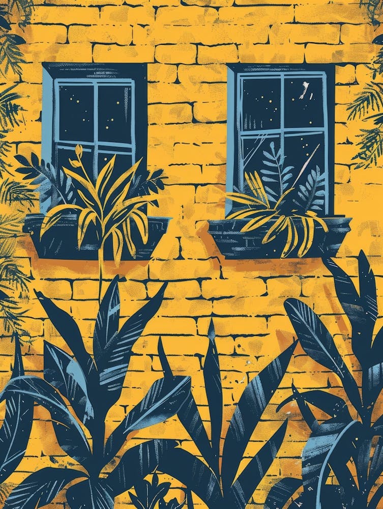 Yellow Brick Wall With Windows And Plants