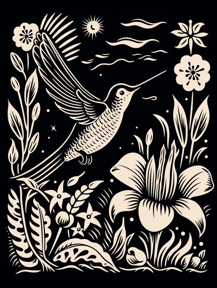 B&W Bird Linocut Hummingbird 6